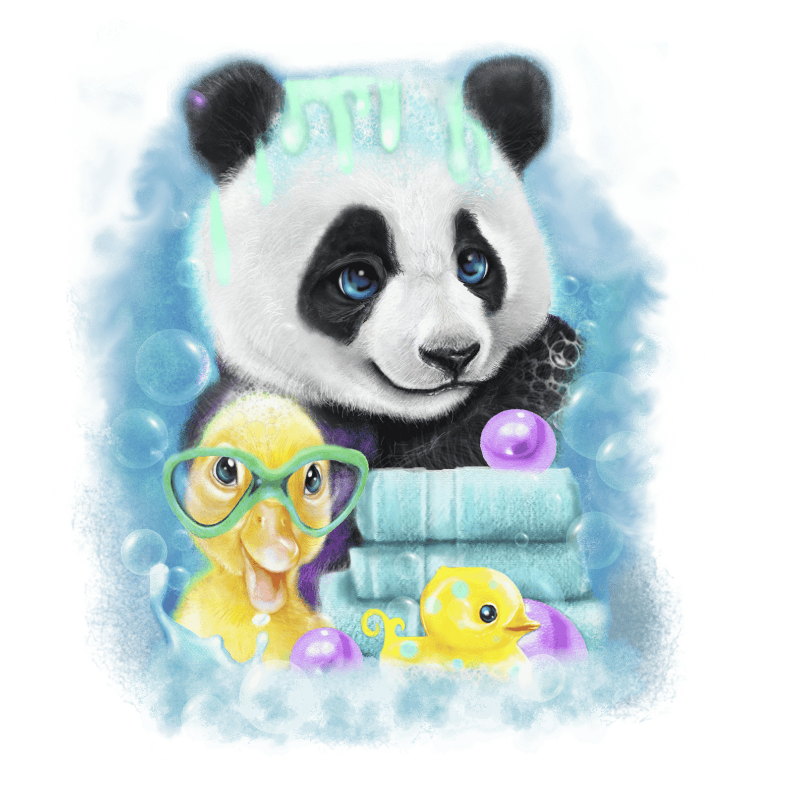 SCRUB A DUB PANDA by SHEENA PIKE,printed by DenimINK on hand-crafted Denim Jackets and other denim products and other denim products: tote bags, throw pillows, table place mats, aprons