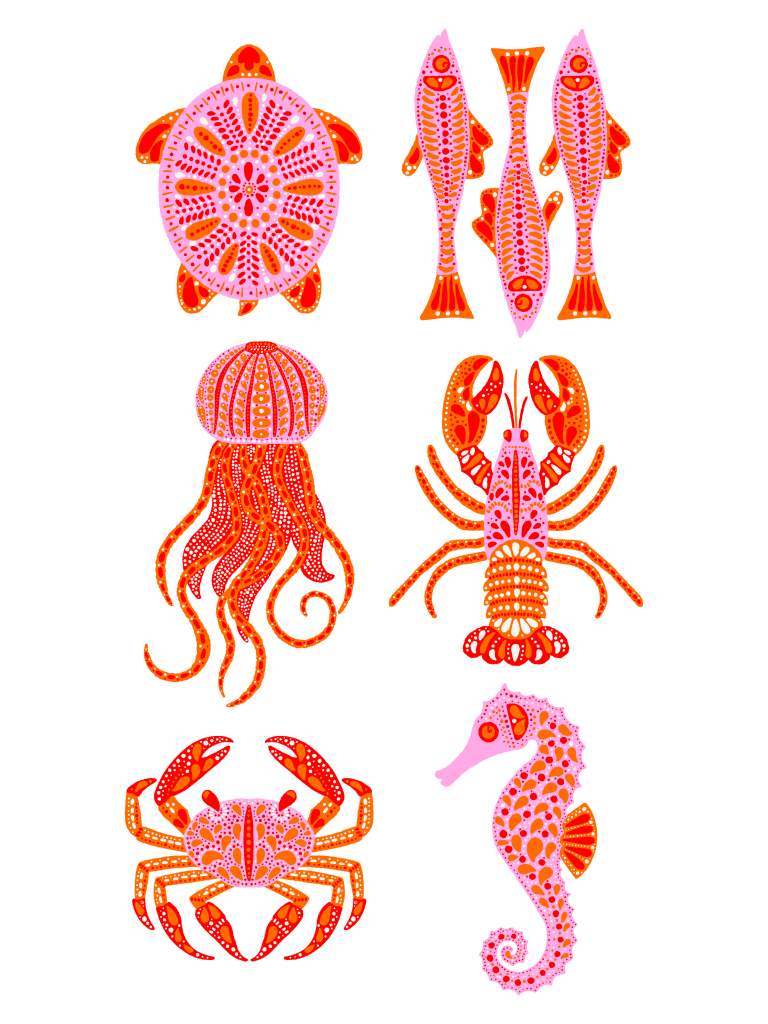 SEA ANIMALS by IndySign,printed by DenimINK on hand-crafted Denim Jackets and other denim products and other denim products: tote bags, throw pillows, table place mats, aprons