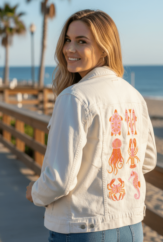 SEA ANIMALS by IndySign,printed by DenimINK on hand-crafted Denim Jackets and other denim products and other denim products: tote bags, throw pillows, table place mats, aprons