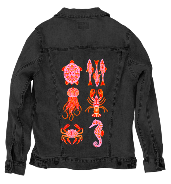 SEA ANIMALS by IndySign,printed by DenimINK on hand-crafted Denim Jackets and other denim products and other denim products: tote bags, throw pillows, table place mats, aprons