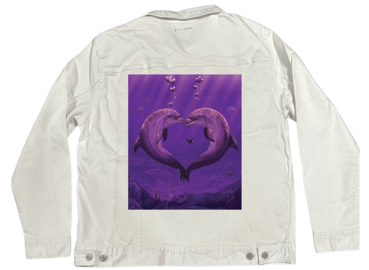SEA OF HEARTS by VINCENT HIE, printed on denim jackets and other denim products: tote bags, throw pillows, table place mats, aprons