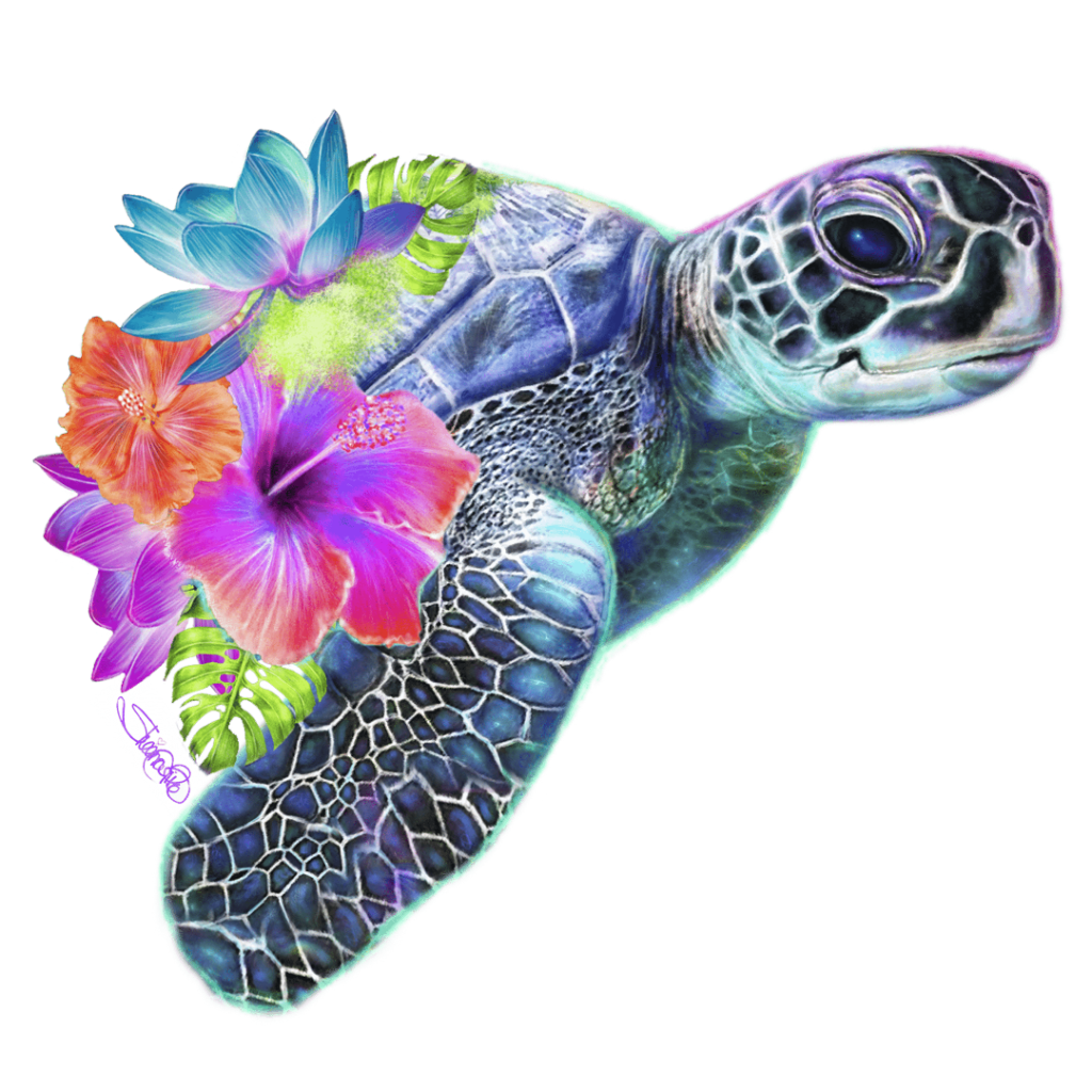 illustration of a sea turtle shown in three-quarter profile swimming to the right, with a rounded head, dark reflective eye, and detailed blue-green scales forming a mosaic pattern across the neck, shell, and flippers. a cluster of tropical flowers in pink, purple, orange, and blue blooms along the turtle’s back, interwoven with bright green leaves. the turtle is outlined by a soft turquoise glow against a dark background. this artwork is titled “Sea Turtle” and created by Sheena Pike
