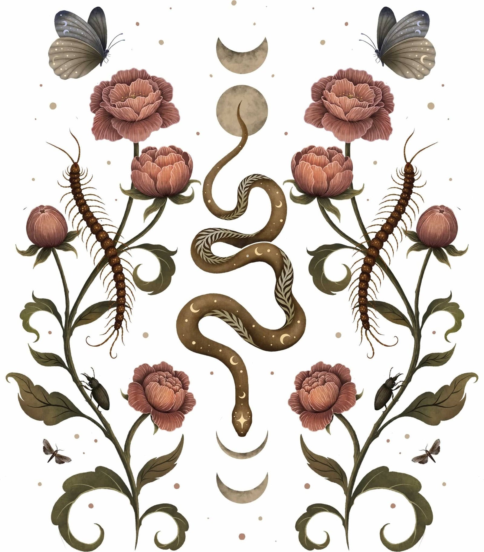 SERPENTINE GARDEN by EPISODIC DRAWING, printed on denim jackets and other denim products: tote bags, throw pillows, table place mats, aprons