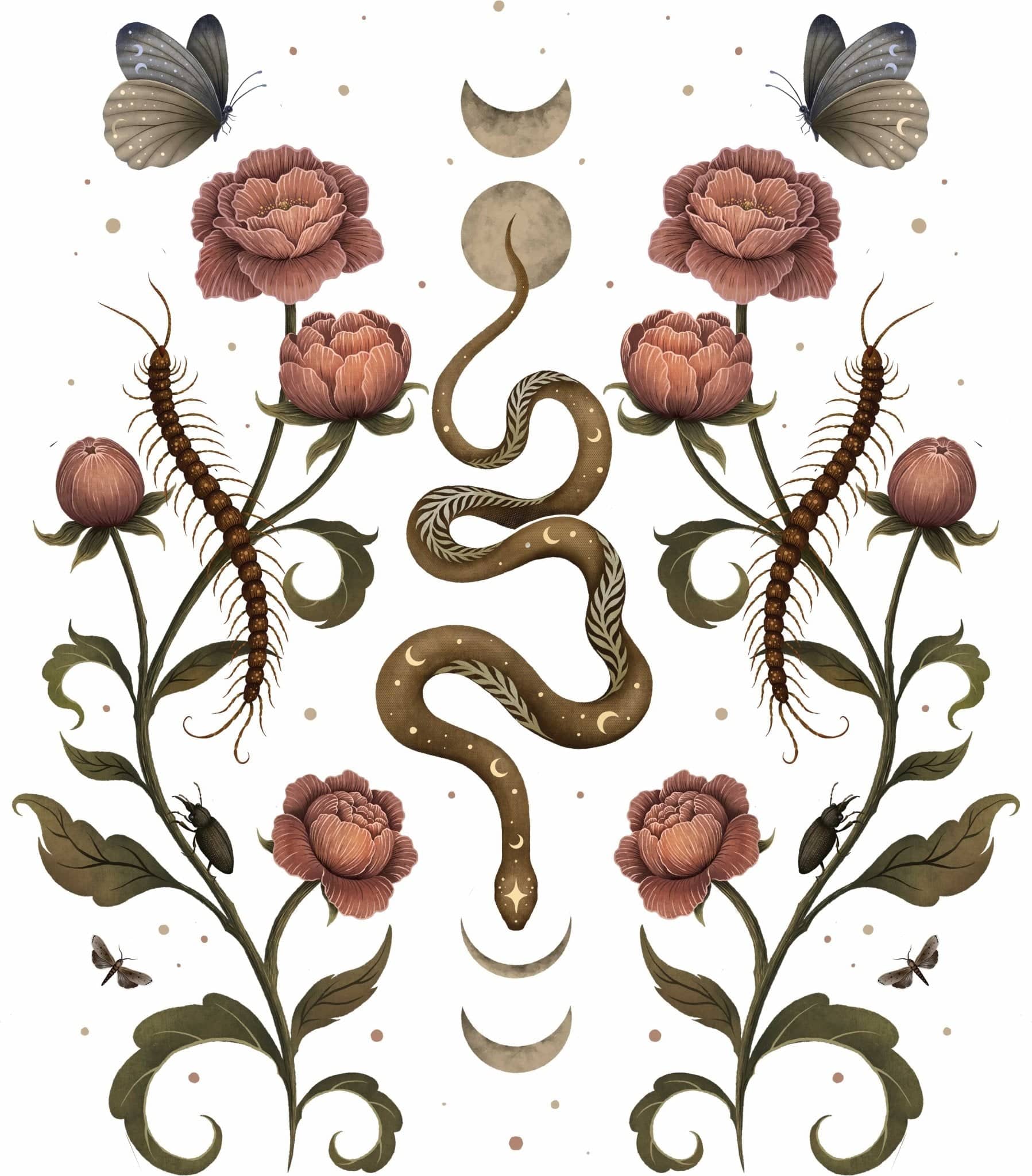 SERPENTINE GARDEN by EPISODIC DRAWING, printed on denim jackets and other denim products: tote bags, throw pillows, table place mats, aprons