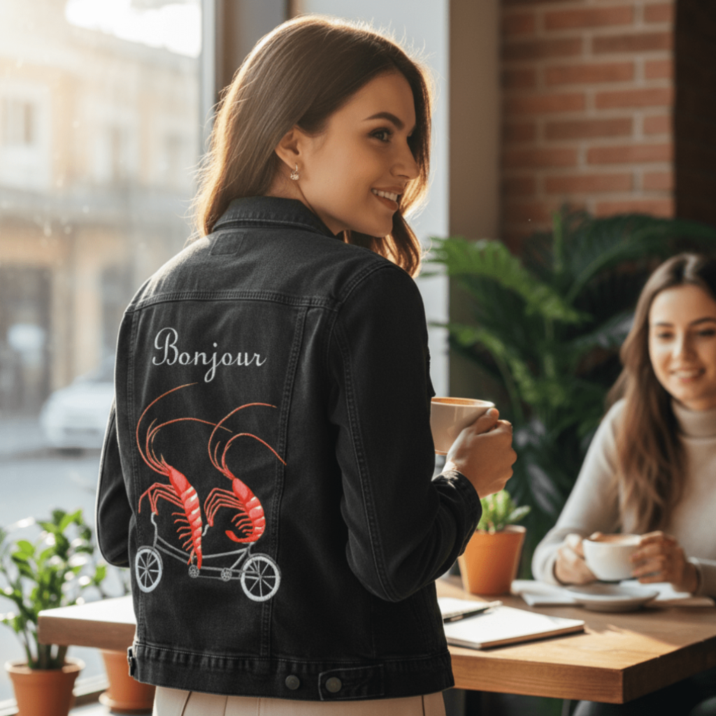 back view of a model holding a cup of coffee in a café while wearing a black denim jacket featuring the artwork “Shrimp Riding a Bicycle” by Amélie Legault  showing two red shrimp riding a small bicycle beneath the word “Bonjour.” the artwork is digitally printed on the jacket’s back panel by DenimINK