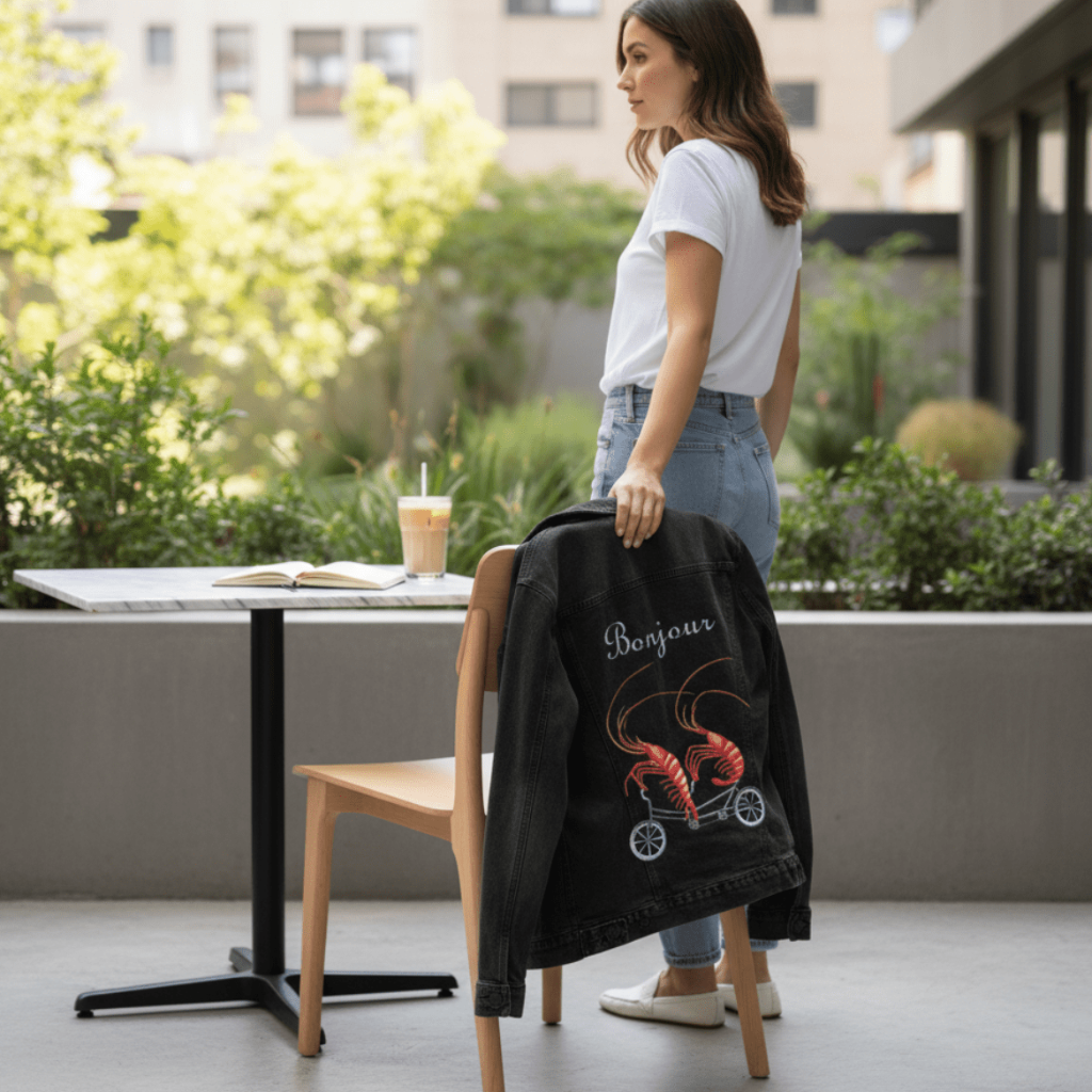 back view of a model standing beside an outdoor café table, draping a black denim jacket over a chair. the jacket features the artwork “Shrimp Riding a Bicycle” by Amélie Legault, showing two red shrimp riding a small bicycle beneath the word “Bonjour.” the artwork is digitally printed on the jacket’s back panel by DenimINK