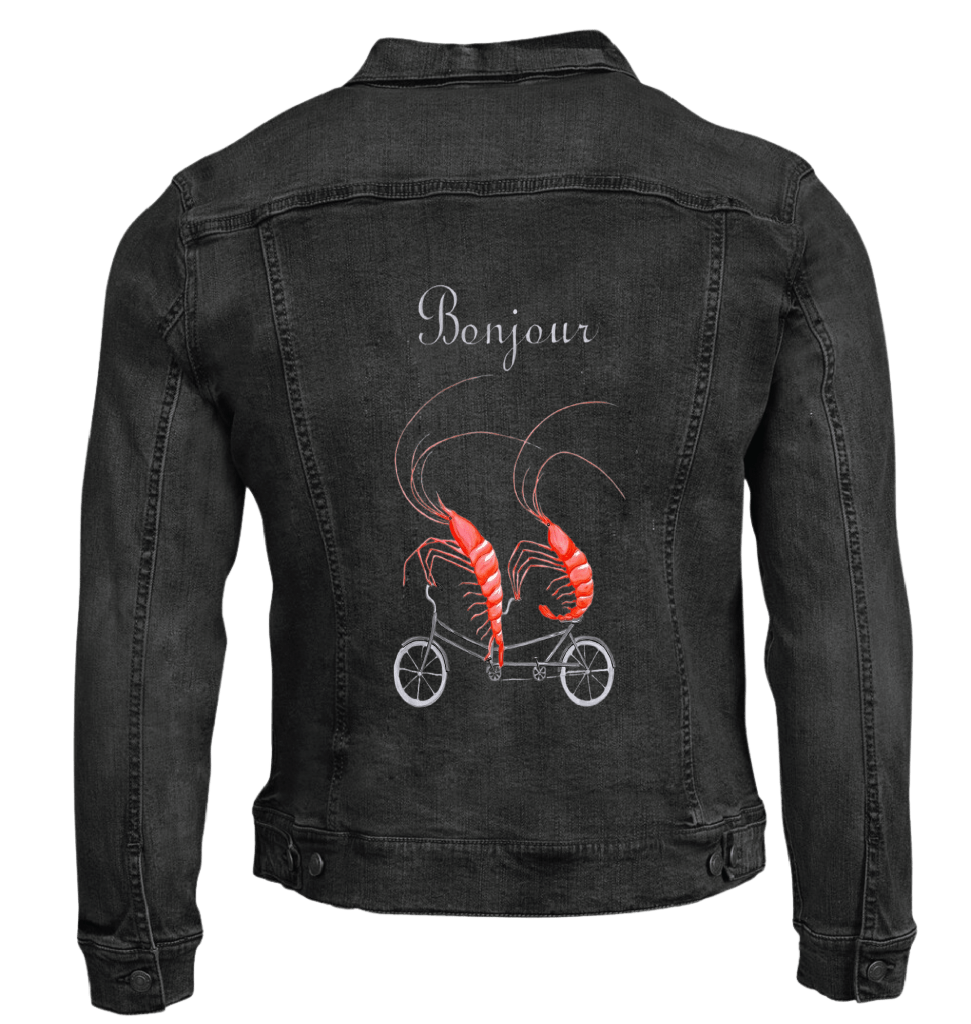 SHRIMP RIDING A BICYCLE by Amélie Legault custom denim jacket by DenimINK