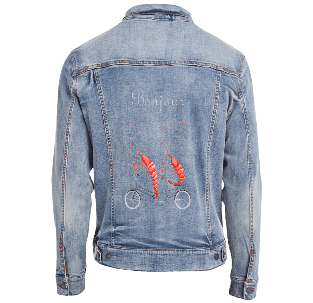 SHRIMP RIDING A BICYCLE by Amélie Legault custom denim jacket by DenimINK