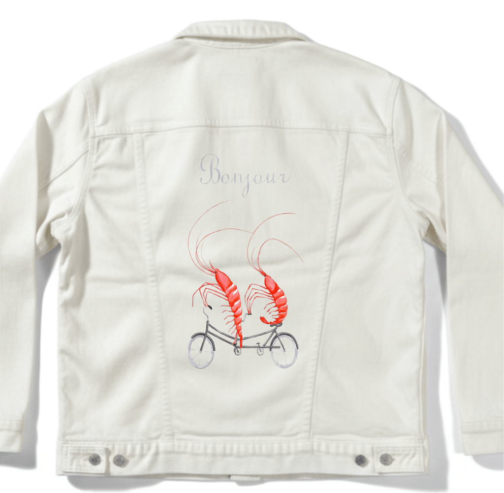 SHRIMP RIDING A BICYCLE by Amélie Legault custom denim jacket by DenimINK