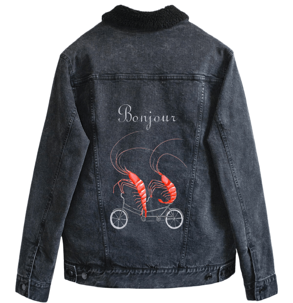SHRIMP RIDING A BICYCLE by Amélie Legault custom denim jacket by DenimINK