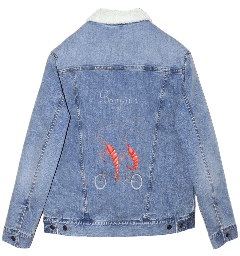 SHRIMP RIDING A BICYCLE by Amélie Legault custom denim jacket by DenimINK