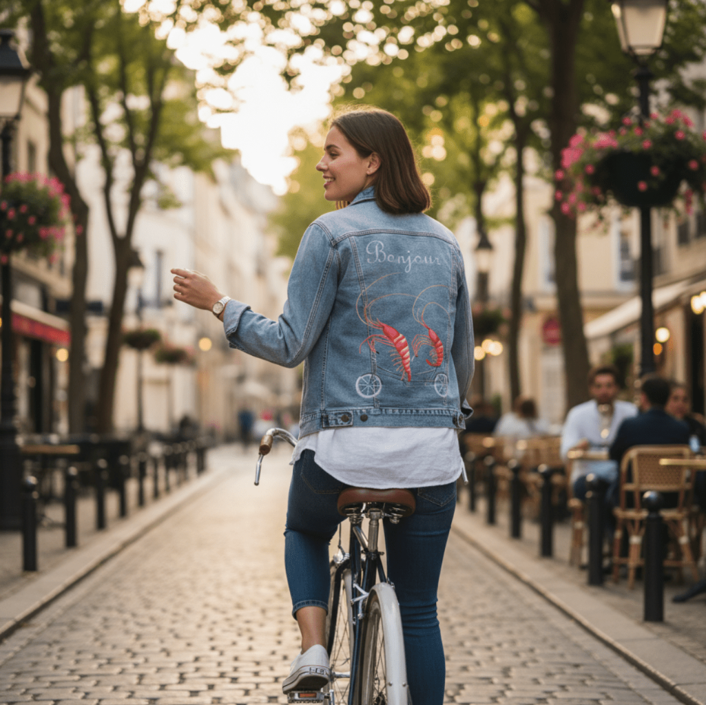 back view of a model riding a bicycle down a cobblestone city street wearing a stonewash denim jacket featuring the artwork “Shrimp Riding a Bicycle” bAmélie Legault, showing two red shrimp riding a small bicycle with the word “Bonjour” above them. the artwork is digitally printed on the jacket’s back panel by DenimINK