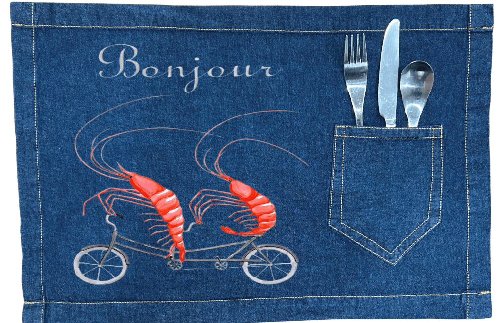 SHRIMP RIDING A BICYCLE by Amélie Legault custom denim jacket by DenimINK