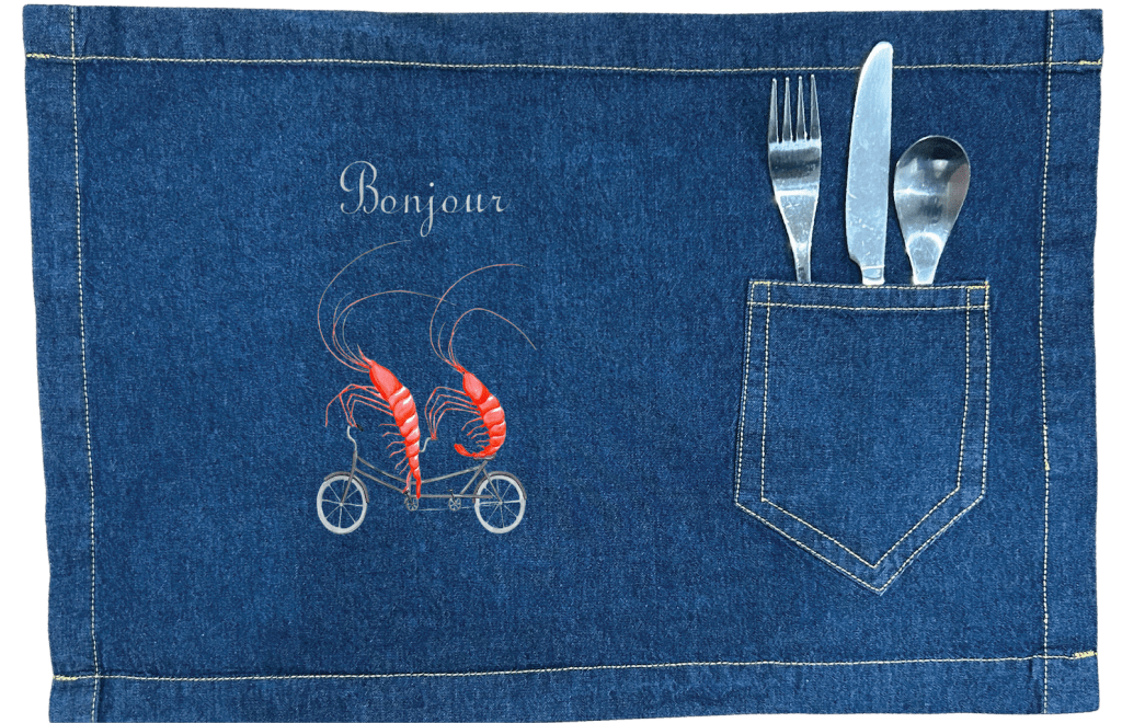 SHRIMP RIDING A BICYCLE by Amélie Legault custom denim jacket by DenimINK