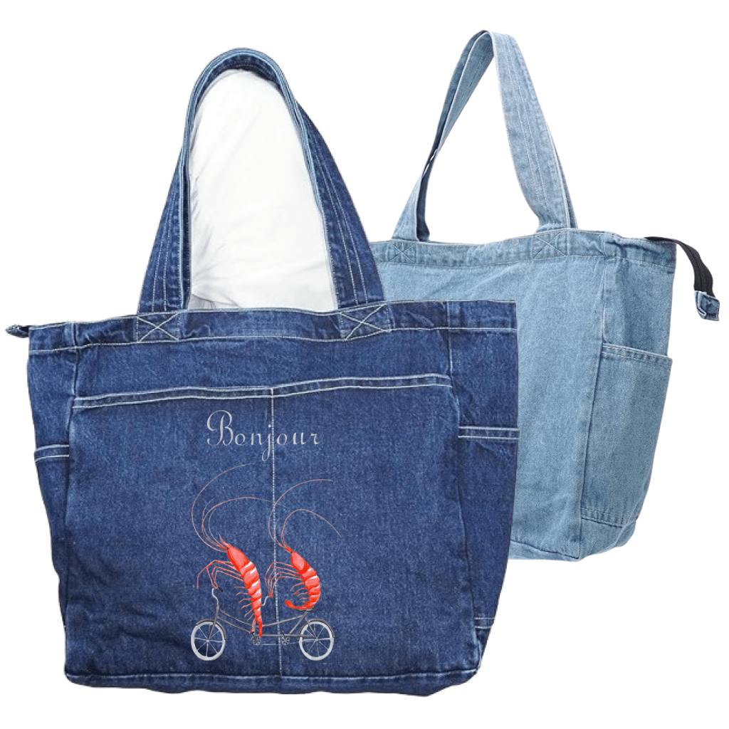 SHRIMP RIDING A BICYCLE by Amélie Legault custom denim jacket by DenimINK