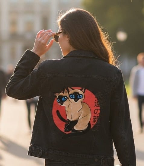 SIAMESE by PEPE RODRIGUEZ aka PPMID, digitally printed on DENIM products: throw pillows, aprons, table place mats, and hand-crafted Unisex Denim Jackets in 3 color choices