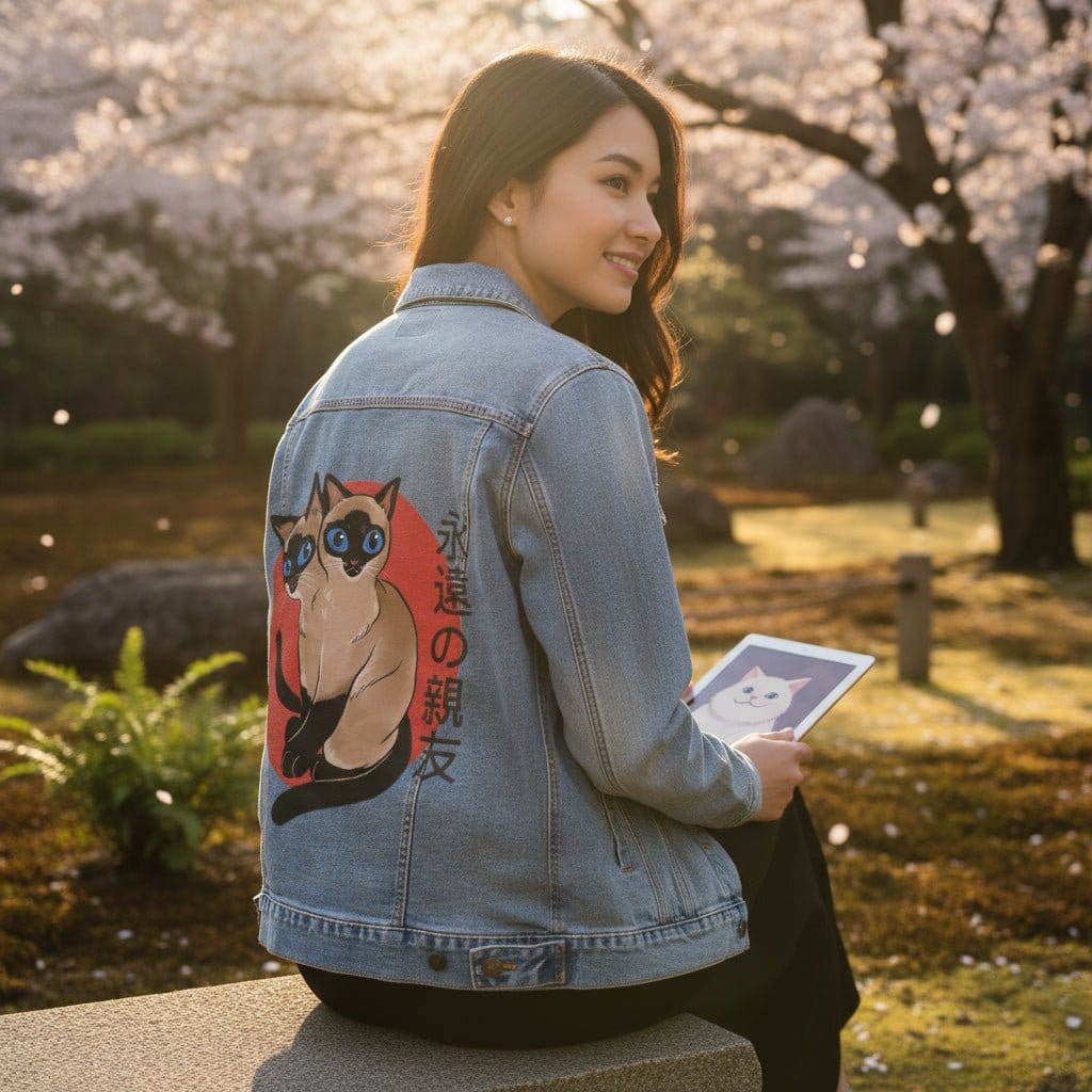 SIAMESE by PEPE RODRIGUEZ aka PPMID, digitally printed on DENIM products: throw pillows, aprons, table place mats, and hand-crafted Unisex Denim Jackets in 3 color choices