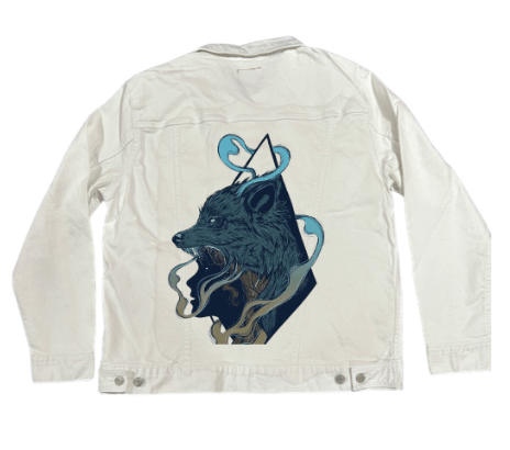 SKINWALKER by JESS ADAMS, digitally printed on DENIM products: throw pillows, aprons, table place mats, and hand-crafted Unisex Denim Jackets in 3 color choices