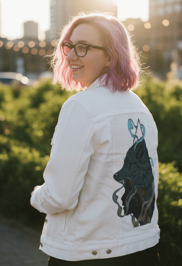 SKINWALKER by JESS ADAMS, digitally printed on DENIM products: throw pillows, aprons, table place mats, and hand-crafted Unisex Denim Jackets in 3 color choices