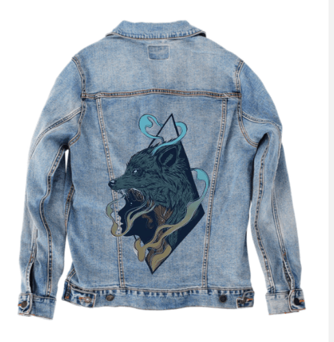 SKINWALKER by JESS ADAMS, digitally printed on DENIM products: throw pillows, aprons, table place mats, and hand-crafted Unisex Denim Jackets in 3 color choices