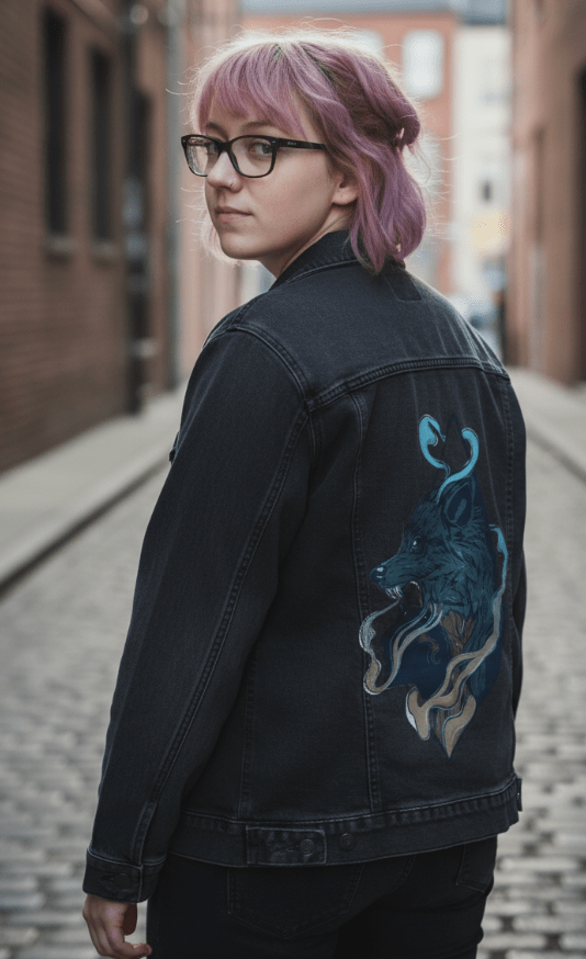 SKINWALKER by JESS ADAMS, digitally printed on DENIM products: throw pillows, aprons, table place mats, and hand-crafted Unisex Denim Jackets in 3 color choices