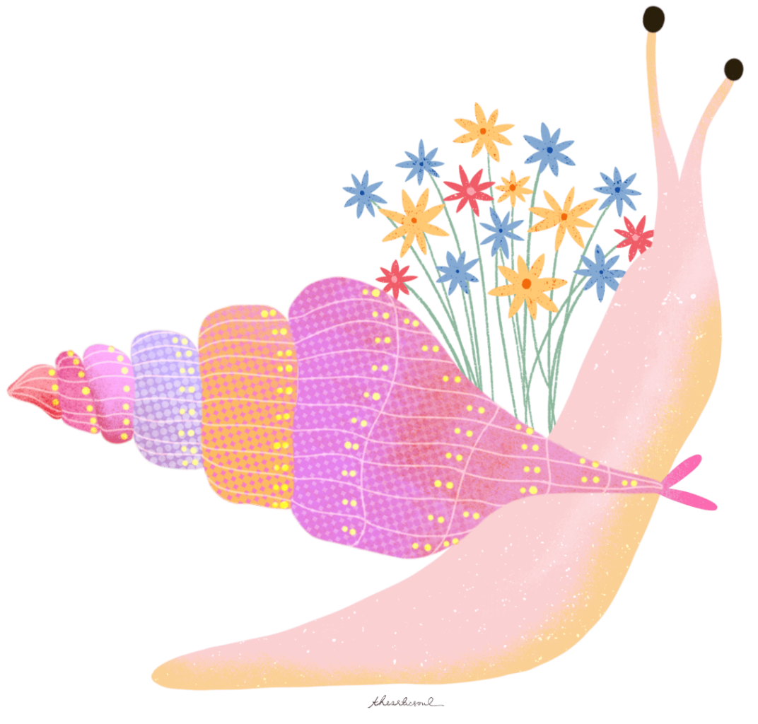 illustration of A large pastel snail moving toward the right, with a long pale peach body &amp; two extended eyestalks tipped in dark circles. The snail carries an oversized spiral shell composed of layered bands in pink, lavender, yellow, &amp; peach, decorated with dotted textures &amp; fine curved lines. from the top of the shell rises a bouquet of small star-shaped flowers in blue, yellow, &amp; coral on thin green stems. The background is transparent with no visible ground or color field. "Snail Mail" by thearticsoul