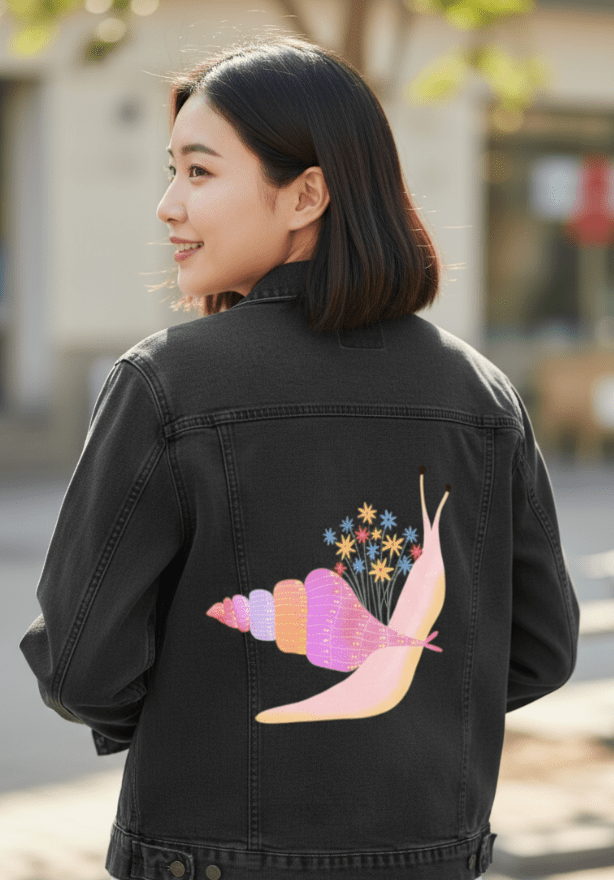 SNAIL MAIL by thearticsoul,printed by DenimINK on hand-crafted Denim Jackets and other denim products and other denim products: tote bags, throw pillows, table place mats, aprons