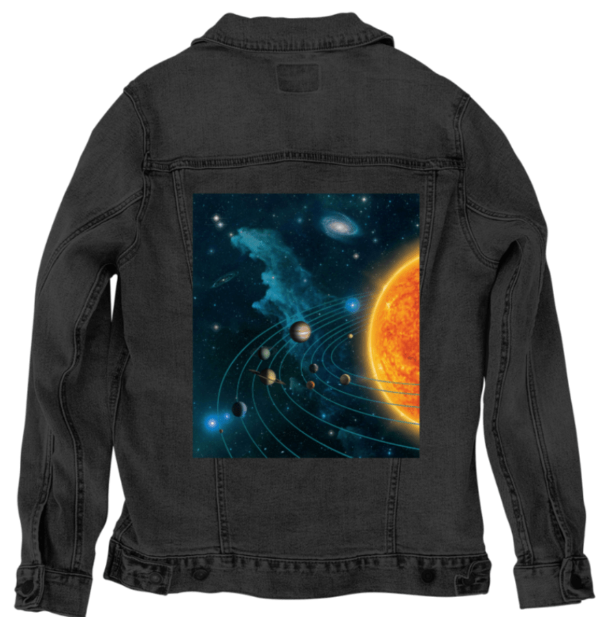 SOLAR SYSTEM by VINCENT HIE,printed by DenimINK on hand-crafted Denim Jackets and other denim products and other denim products: tote bags, throw pillows, table place mats, aprons