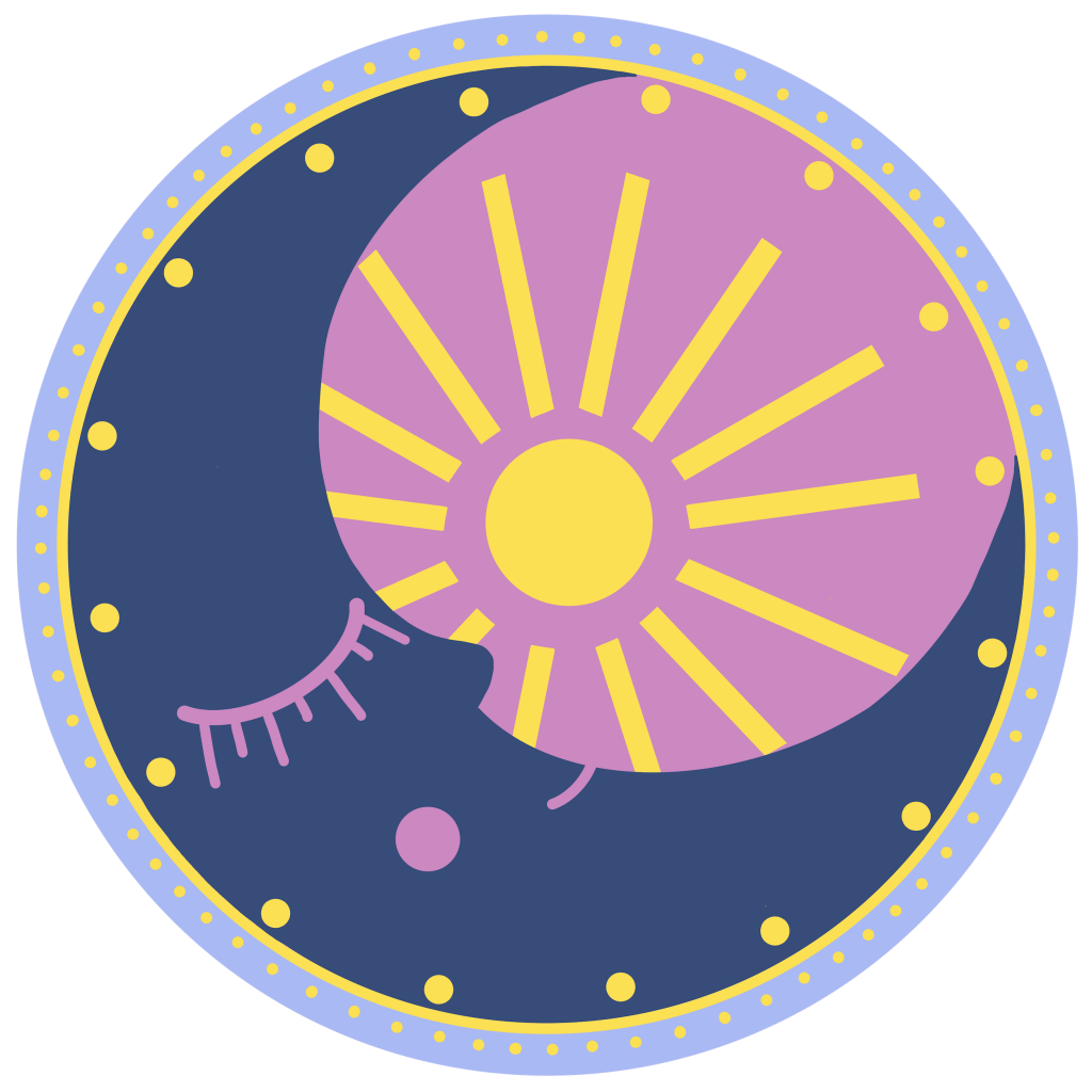 illustration of A circular celestial emblem showing a crescent moon with a closed eye overlapping a radiant sun inside a bordered circle on a transparent background. The moon is deep navy blue with pink lashes and facial profile, while the sun is pale yellow with long rectangular rays extending across a mauve-pink circular field. small yellow dots orbit within the circle, and the outer border features dotted and solid rings in lavender and yellow. This artwork is titled “Soluna” and created by Hend Shehata
