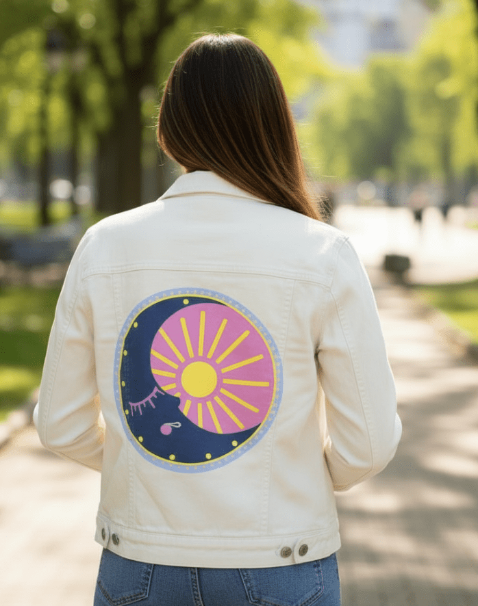 SOLUNA by HEND SHEHATA,printed by DenimINK on hand-crafted Denim Jackets and other denim products and other denim products: tote bags, throw pillows, table place mats, aprons