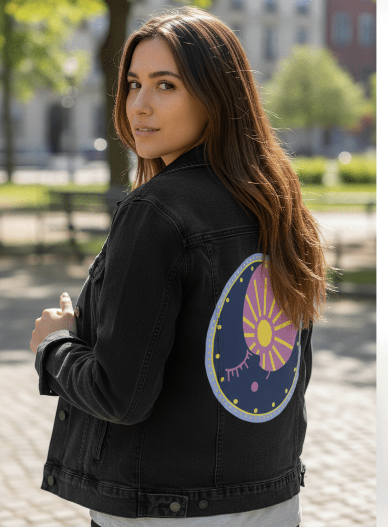 SOLUNA by HEND SHEHATA,printed by DenimINK on hand-crafted Denim Jackets and other denim products and other denim products: tote bags, throw pillows, table place mats, aprons