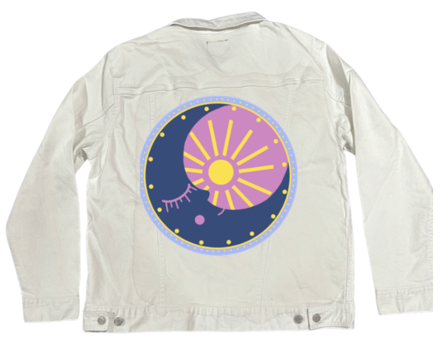 SOLUNA by HEND SHEHATA,printed by DenimINK on hand-crafted Denim Jackets and other denim products and other denim products: tote bags, throw pillows, table place mats, aprons