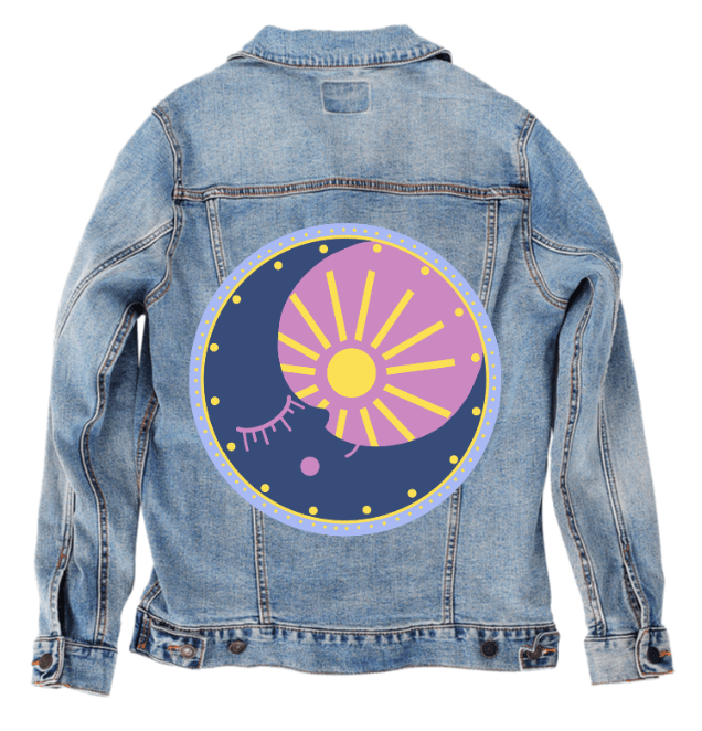 SOLUNA by HEND SHEHATA,printed by DenimINK on hand-crafted Denim Jackets and other denim products and other denim products: tote bags, throw pillows, table place mats, aprons