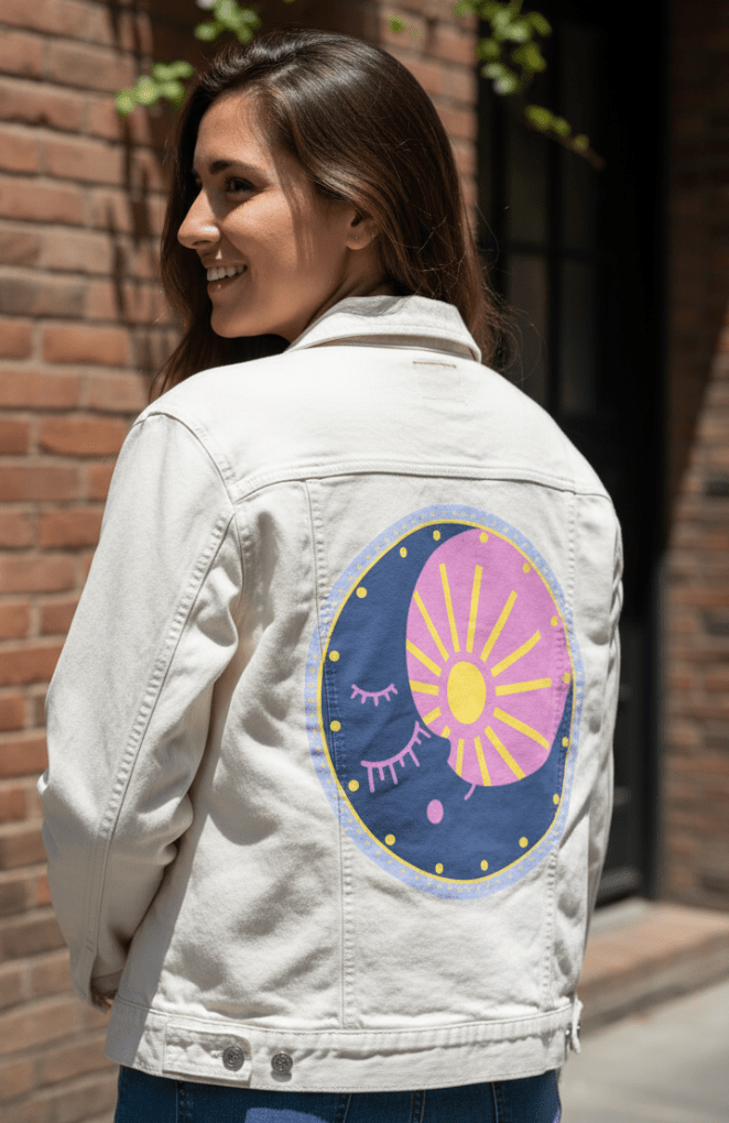 SOLUNA by HEND SHEHATA,printed by DenimINK on hand-crafted Denim Jackets and other denim products and other denim products: tote bags, throw pillows, table place mats, aprons