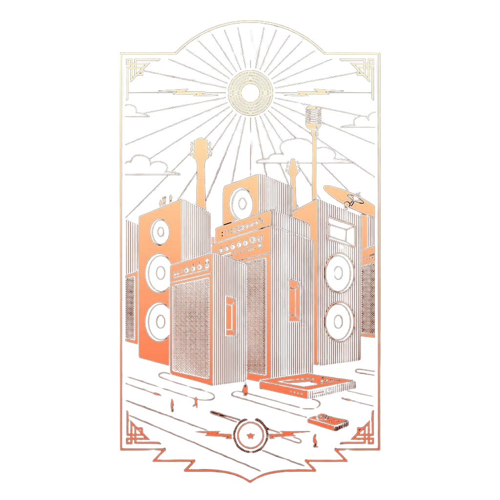 illustration of A stylized city made from oversized audio equipment arranged in a symmetrical composition. tall speaker stacks, amplifiers, and audio cabinets form building-like structures, with a guitar neck, microphone, and satellite dish rising above them. radiating lines and a circular sun-like symbol appear in the sky, while small silhouetted figures walk at ground level. The artwork is rendered in warm peach tones on a black background with decorative borders. Titled “Sound City” by Grant Shepley.