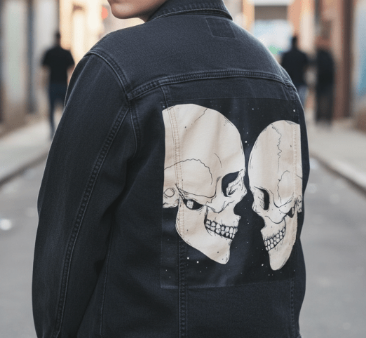 STAR CROSSED LOVERS by JESS ADAMS, digitally printed on DENIM products: throw pillows, aprons, table place mats, and hand-crafted Unisex Denim Jackets in 3 color choices