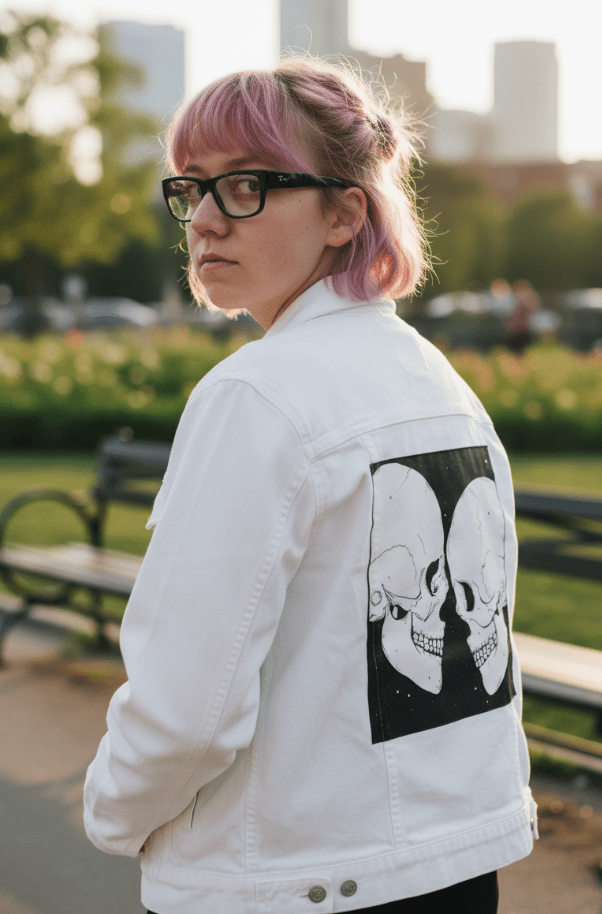 STAR CROSSED LOVERS by JESS ADAMS, digitally printed on DENIM products: throw pillows, aprons, table place mats, and hand-crafted Unisex Denim Jackets in 3 color choices