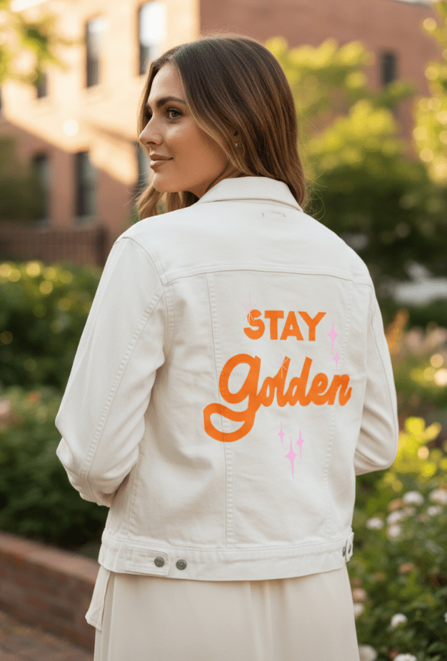STAY GOLDEN by IndySign,printed by DenimINK on hand-crafted Denim Jackets and other denim products and other denim products: tote bags, throw pillows, table place mats, aprons