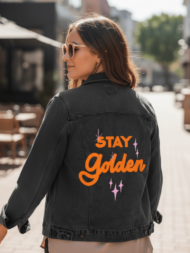 STAY GOLDEN by IndySign, printed on denim jackets and other denim products: tote bags, throw pillows, table place mats, aprons
