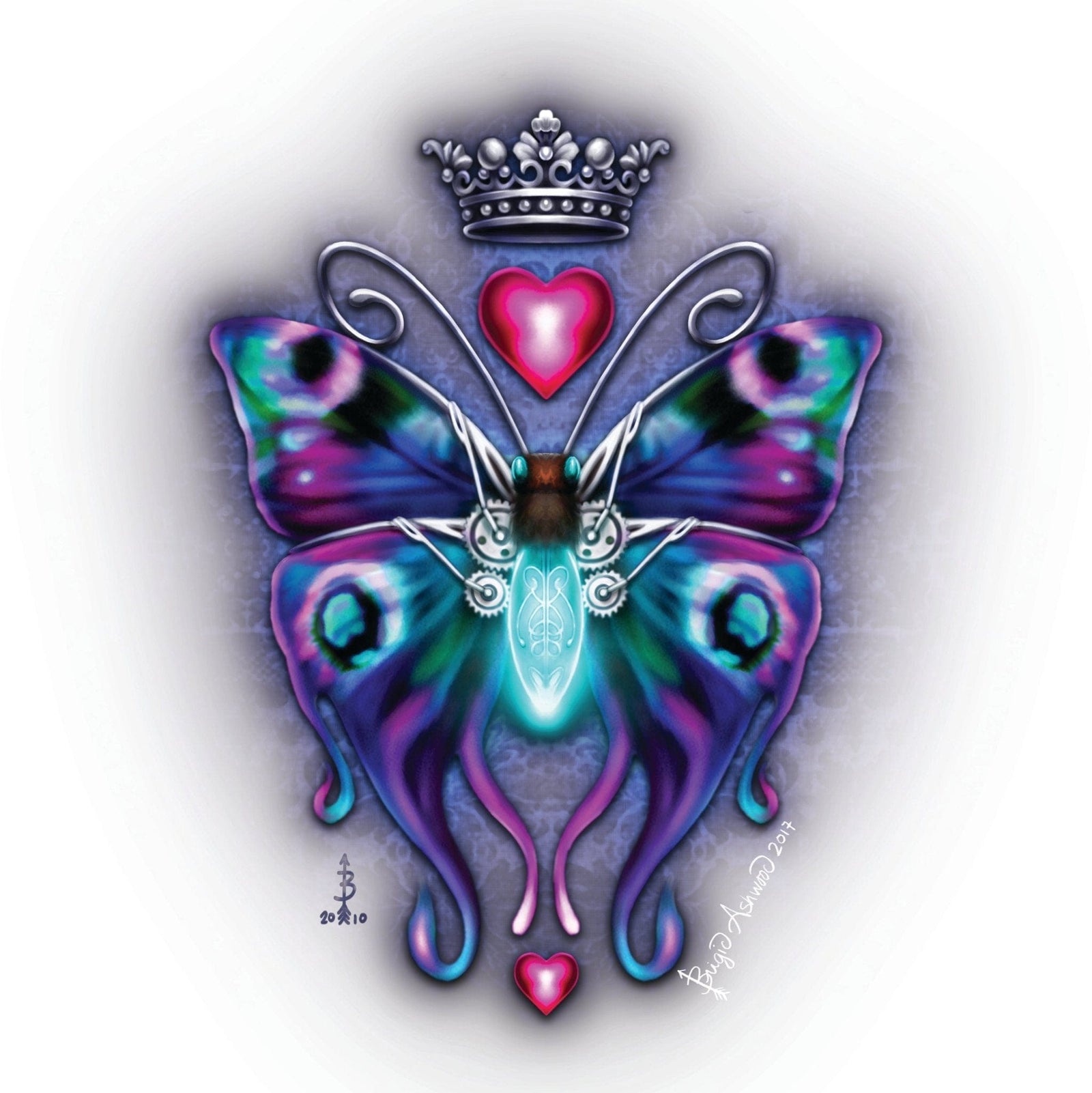 illustration of a stylized steampunk butterfly with vivid purple, teal, and blue wings, a glowing blue mechanical-style body, ornate silver filigree details, and swirling antennae, topped by a silver crown above a pink heart motif with another heart below the butterfly. this artwork is titled “Steampunk Butterfly” and created by artist Brigid Ashwood