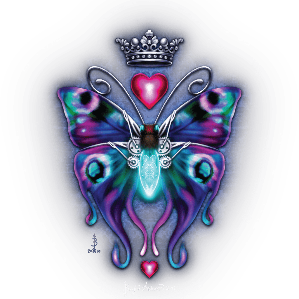 illustration of a symmetrical steampunk-style butterfly with iridescent wings in teal, violet, blue, and magenta tones, patterned with eye-like markings and soft gradients. the butterfly’s body features metallic silver gears, filigree, and mechanical elements, with a glowing turquoise light at the center of the thorax and curling antennae. a silver crown floats above a bright pink heart, with a smaller pink heart below the wings. set against a soft, glowing pale background.  “Steampunk Butterfly" by Brigid 