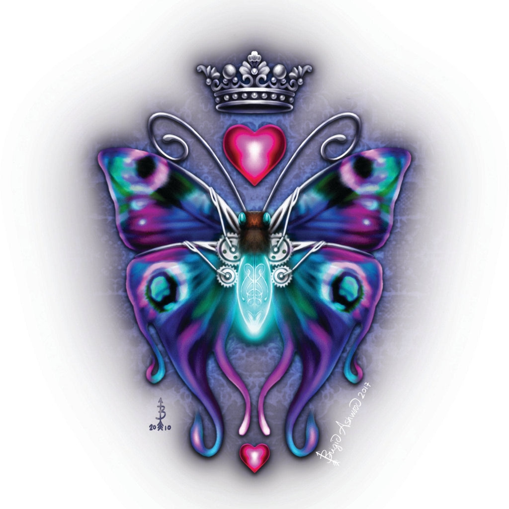 illustration of a symmetrical steampunk-style butterfly with iridescent wings in teal, violet, blue, and magenta tones, patterned with eye-like markings and soft gradients. the butterfly’s body features metallic silver gears, filigree, and mechanical elements, with a glowing turquoise light at the center of the thorax and curling antennae. a silver crown floats above a bright pink heart, with a smaller pink heart below the wings. set against a soft, glowing pale background.  “Steampunk Butterfly" by Brigid 