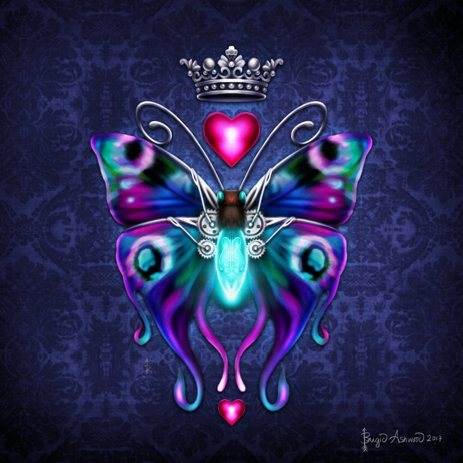 illustration of a vibrant steampunk-inspired butterfly with purple, teal, and blue wings, a glowing blue mechanical-style body, ornate silver filigree elements, and swirling antennae. a silver crown sits above a pink heart near the top, with a smaller matching heart below the butterfly, all set against a dark blue patterned background. this artwork is titled “Steampunk Butterfly 2” and created by artist Brigid Ashwood