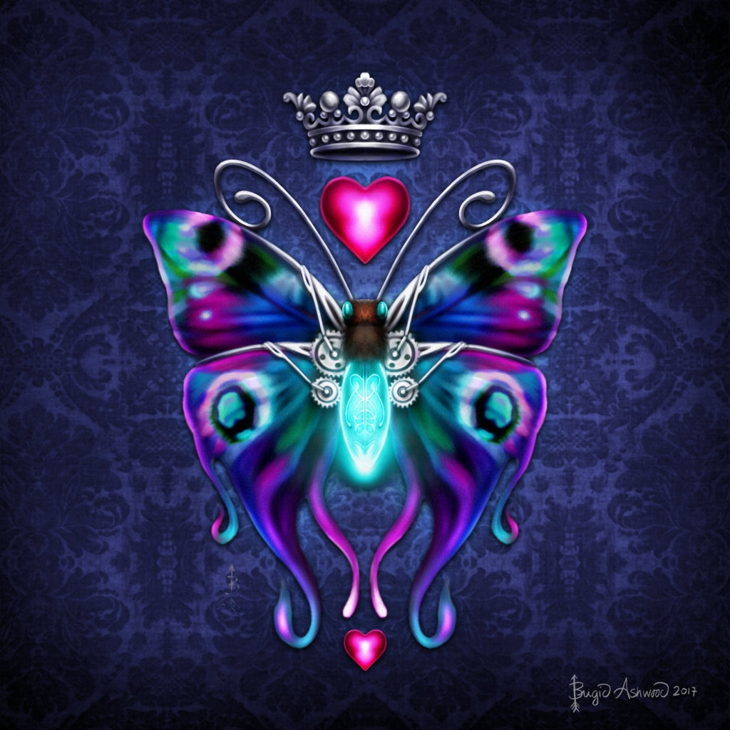 illustration of a symmetrical steampunk-inspired butterfly with glowing iridescent wings in teal, blue, violet, and magenta, patterned with eye-like markings &amp; soft gradients. the butterfly’s body is mechanical, featuring ornate silver gears, etched filigree, &amp; a luminous turquoise core, with elegant swirling antennae. above the butterfly floats a silver crown and a bright pink heart, with a smaller matching heart below the wings. the background is a dark indigo damask pattern tenhancing the jewel-toned 