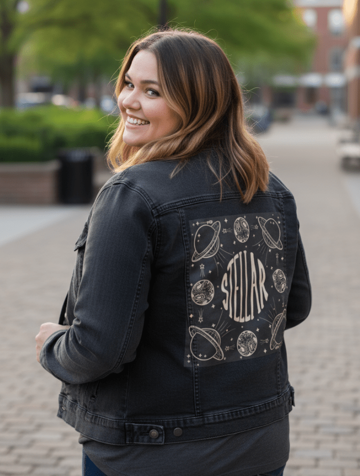 STELLAR by KITSCH AND CURATE,printed by DenimINK on hand-crafted Denim Jackets and other denim products and other denim products: tote bags, throw pillows, table place mats, aprons