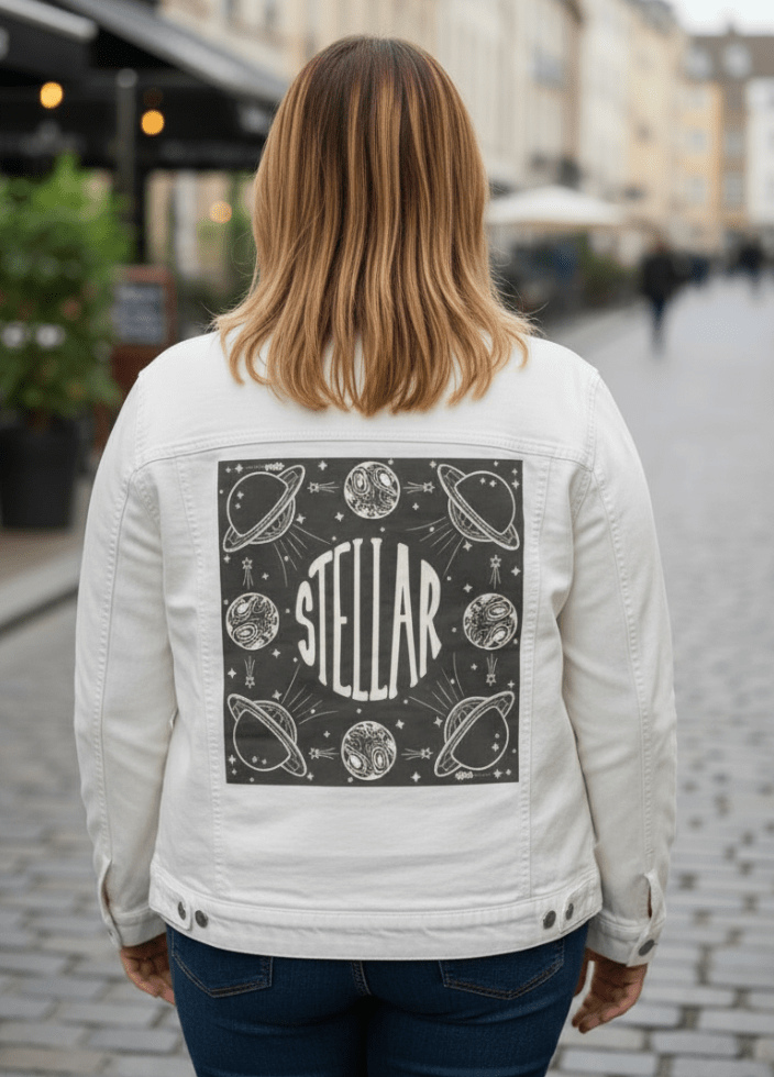 STELLAR by KITSCH AND CURATE,printed by DenimINK on hand-crafted Denim Jackets and other denim products and other denim products: tote bags, throw pillows, table place mats, aprons