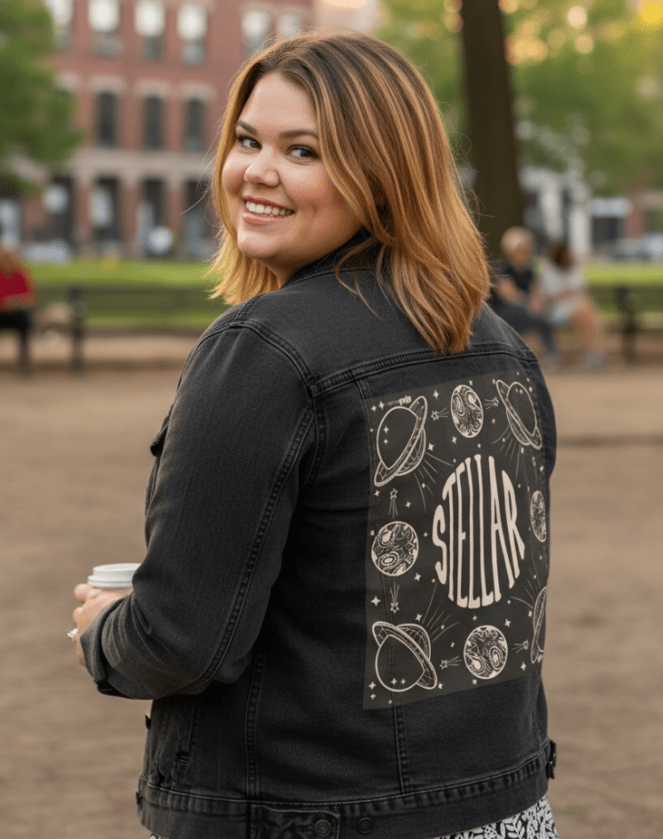 STELLAR by KITSCH AND CURATE,printed by DenimINK on hand-crafted Denim Jackets and other denim products and other denim products: tote bags, throw pillows, table place mats, aprons