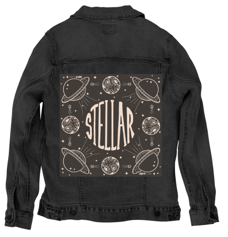 STELLAR by KITSCH AND CURATE,printed by DenimINK on hand-crafted Denim Jackets and other denim products and other denim products: tote bags, throw pillows, table place mats, aprons