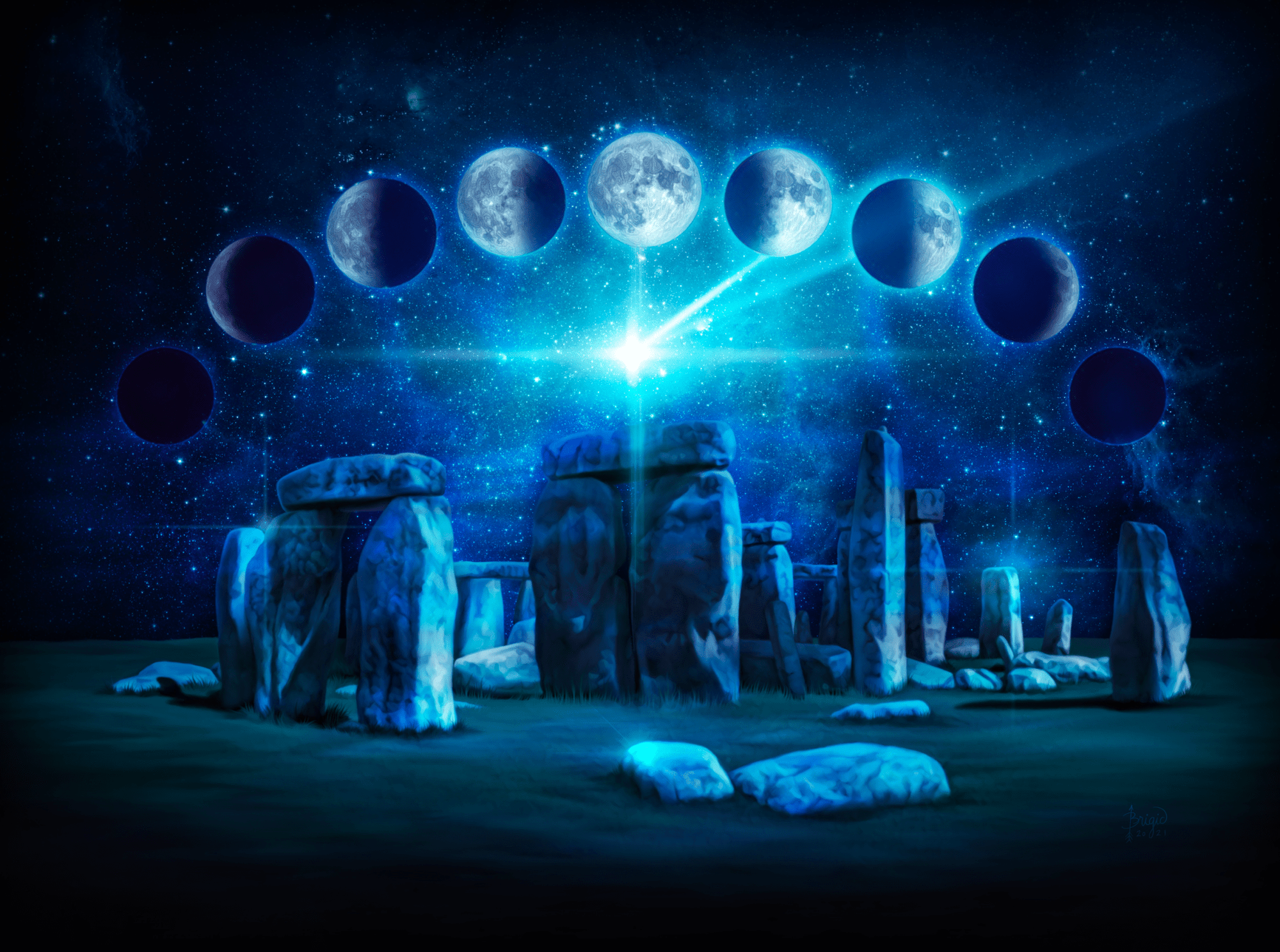 illustration of the Stonehenge stone circle illuminated in cool blue light beneath a star-filled night sky, with the phases of the moon arranged in a bright arc overhead and beams of light converging at the center. this artwork is titled “Stonehenge Moon” and created by artist Brigid Ashwood