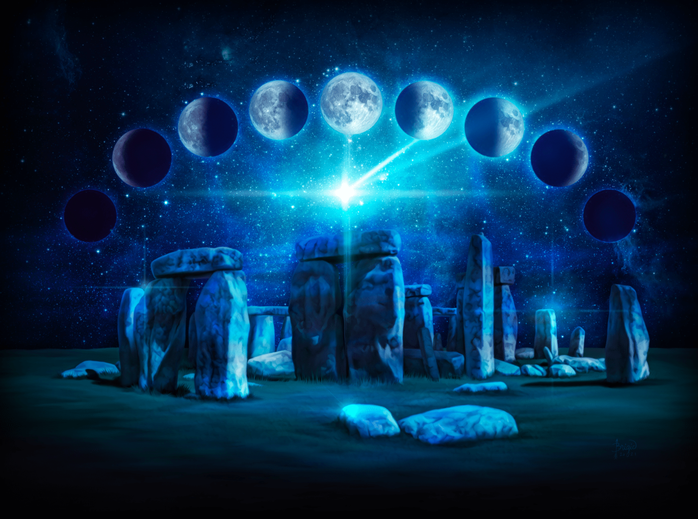illustration of the Stonehenge stone circle glowing in cool blue light beneath a deep, star-filled night sky. above the stones, a wide arc of moon phases spans from dark new moon through waxing phases to a bright full moon at the center, then waning back to darkness. a radiant burst of light flares at the center of the arc, sending beams downward toward the standing stones, illuminating the ground and monoliths with a mystical glow. this artwork is titled “Stonehenge Moon” & created by artist Brigid Ashwood